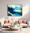 Blue green theme, snow caped mountain, trees, lake Room 3