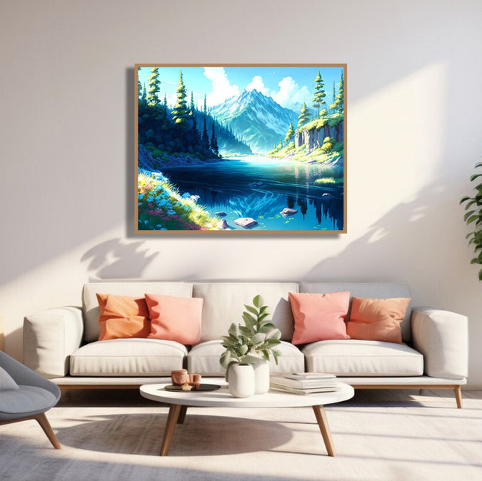 Blue green theme, snow caped mountain, trees, lake Room 3