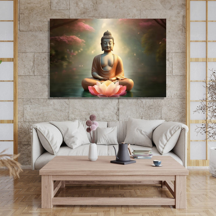 Buddha in peaceful Water and pink trees with Lotus in front