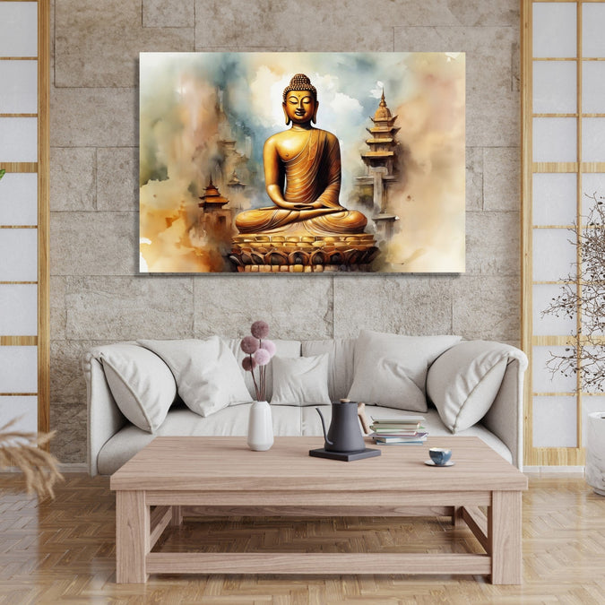 Buddha meditating with background of ancient cityscape