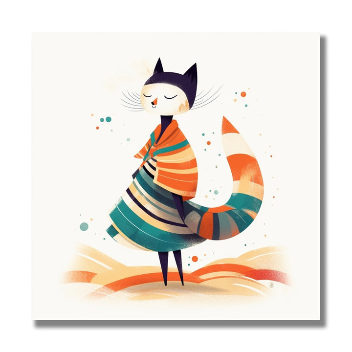 CAT in orange blue blanket, closed eyes 