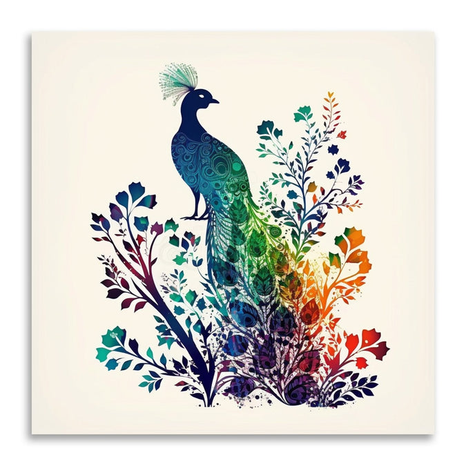 Colourful peacock in branches, white background 