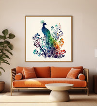 Colourful peacock in branches, white background Room 3