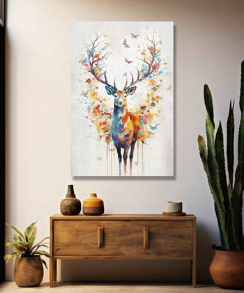 Deer with large antlers, leaves, butterflies etc on antlers Room 1