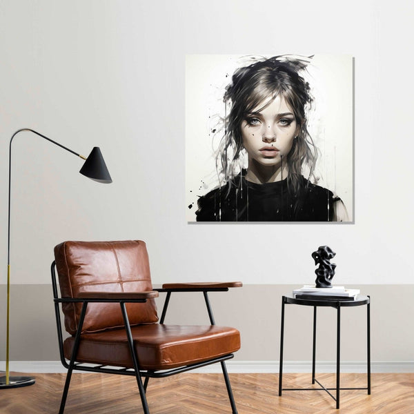 Dreamy grey-green eyes of front looking girl in black dress and dark brown hair. both side piercing in nose, slightly open mouth, white background