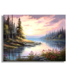 Evening sky, River with trees on sides and flowers in front 