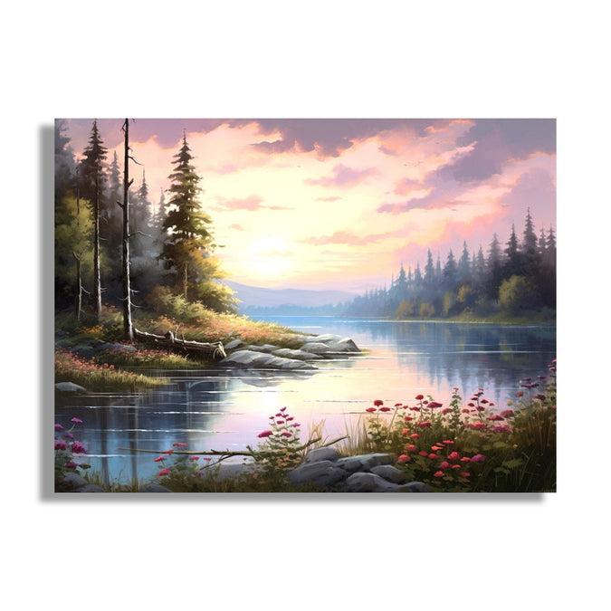 Evening sky, River with trees on sides and flowers in front 