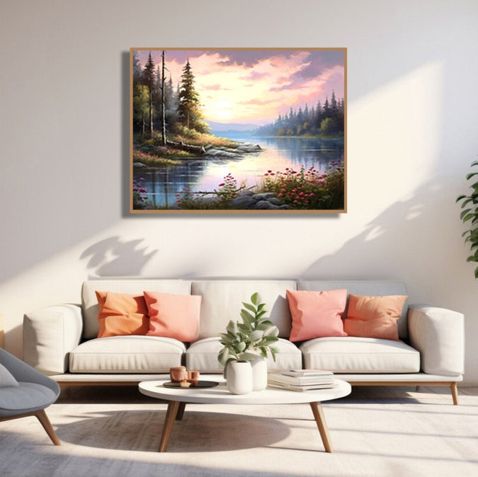 Evening sky, River with trees on sides and flowers in front Room 1