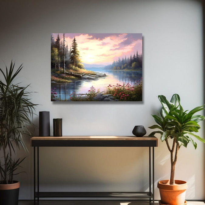 Evening sky, River with trees on sides and flowers in front Room 2