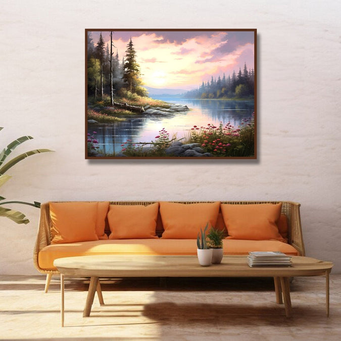 Evening sky, River with trees on sides and flowers in front Room 3