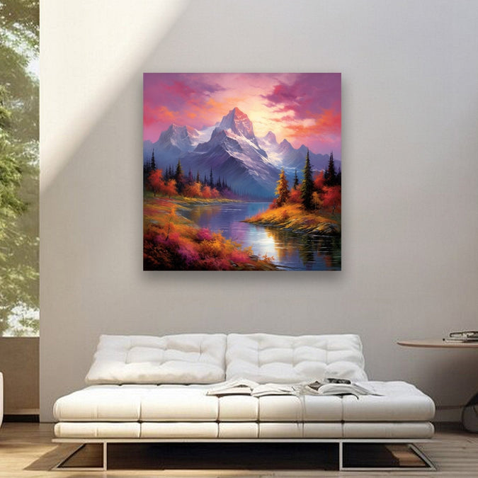 Evening sky, snoy and mountains, autumn bushses, trees and stream in middle Room 1