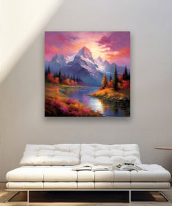 Evening sky, snoy and mountains, autumn bushses, trees and stream in middle Room 1