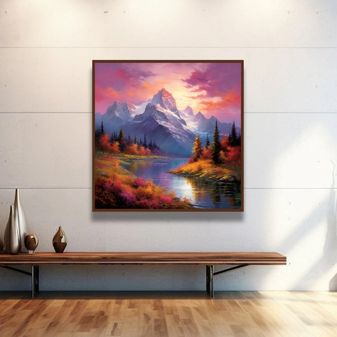 Evening sky, snoy and mountains, autumn bushses, trees and stream in middle Room 2