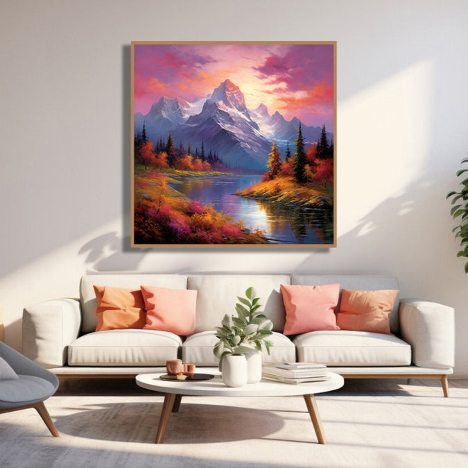 Evening sky, snoy and mountains, autumn bushses, trees and stream in middle Room 3