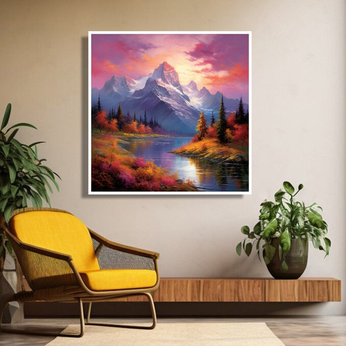 Evening sky, snoy and mountains, autumn bushses, trees and stream in middle Room 4