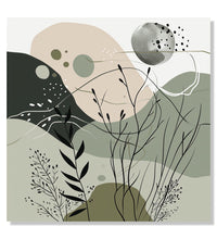 Painting for Living Room:An abstract image with Beige, black an dolive green colours, some shoots, leaves and, small circles in front.