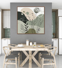 Painting for Home:An abstract image with Beige, black an dolive green colours, some shoots, leaves and, small circles in front.