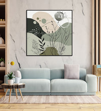 Painting for Bedroom: An abstract image with Beige, black an dolive green colours, some shoots, leaves and, small circles in front.