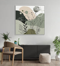 Painting for Drawing Room: An abstract image with Beige, black an dolive green colours, some shoots, leaves and, small circles in front.