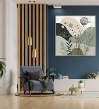 Large Painting for Drawing Room: An abstract image with Beige, black an dolive green colours, some shoots, leaves and, small circles in front.