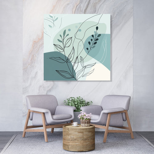 An Abstract with dull sea green colour shapes and leaves and shoots in front