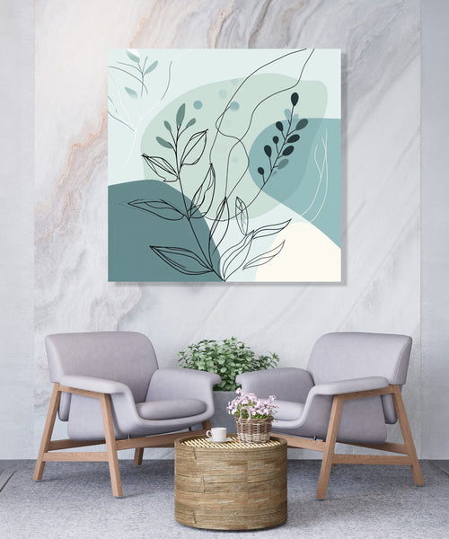 An Abstract with dull sea green colour shapes and leaves and shoots in front