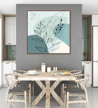 Painting for Home:An Abstract with dull sea green colour shapes and leaves and shoots in front