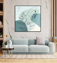 Painting for Bedroom: An Abstract with dull sea green colour shapes and leaves and shoots in front