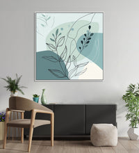 Painting for Drawing Room: An Abstract with dull sea green colour shapes and leaves and shoots in front