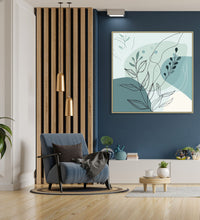 Large Painting for Drawing Room: An Abstract with dull sea green colour shapes and leaves and shoots in front
