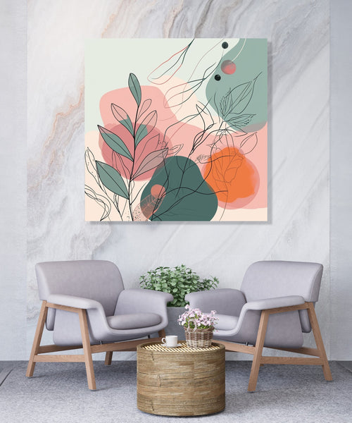 An Abstract background of pink, orange, mauve, dull green colours with some drawn leaves and line drawing