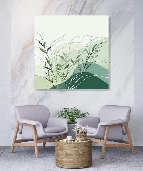 An abstract background of Green shades in background and lines and leaves in foreground