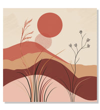 Painting for Living Room:An abstract of beige, brown, maroon shades with hills, grass and Maroon sun