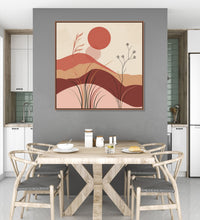 Painting for Home:An abstract of beige, brown, maroon shades with hills, grass and Maroon sun