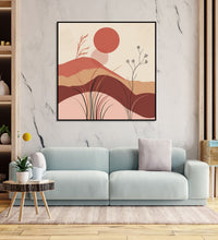 Painting for Bedroom: An abstract of beige, brown, maroon shades with hills, grass and Maroon sun