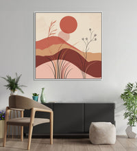 Painting for Drawing Room: An abstract of beige, brown, maroon shades with hills, grass and Maroon sun