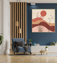 Large Painting for Drawing Room: An abstract of beige, brown, maroon shades with hills, grass and Maroon sun