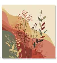 Painting for Living Room:Beige, Mud Yellow, Pink, Dull Green Background, with grass shoots and leaves in forground