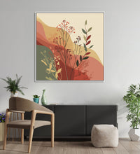 Painting for Drawing Room: Beige, Mud Yellow, Pink, Dull Green Background, with grass shoots and leaves in forground