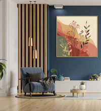 Large Painting for Drawing Room: Beige, Mud Yellow, Pink, Dull Green Background, with grass shoots and leaves in forground