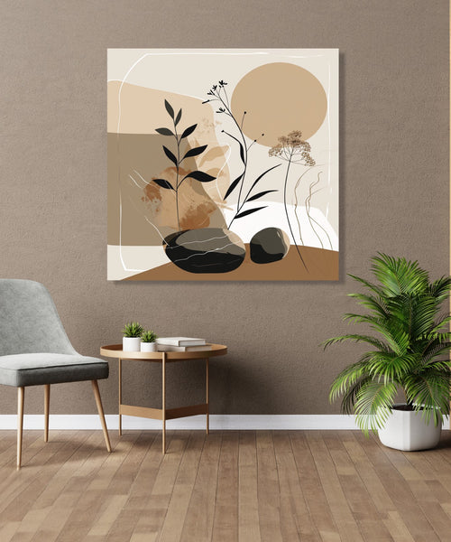 An abstract with beige, Brown, Black an dwhite colours with a Brown Sun and Black leaves an dshoots in foreground