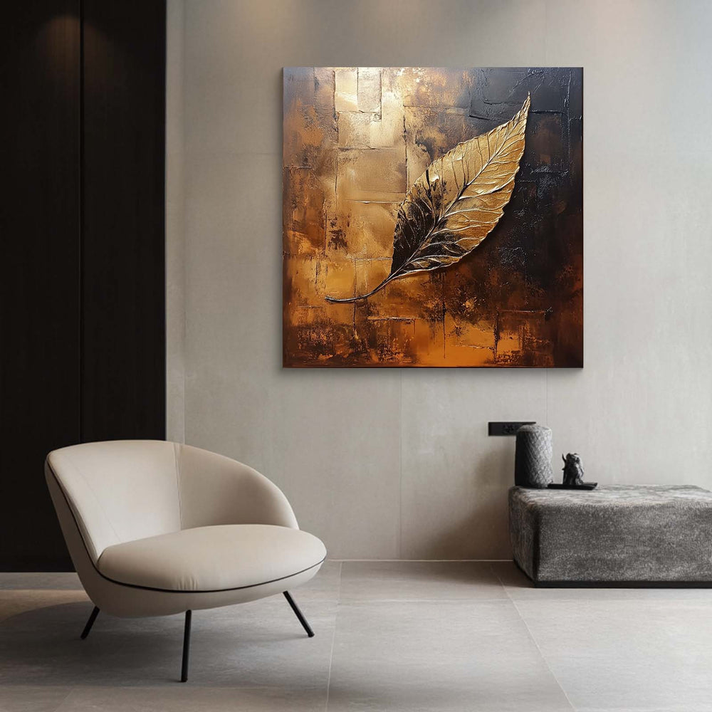 Gold leaf textured abstract wall art on dark canvas