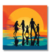 Family of 5 shadow walking through sunset background 