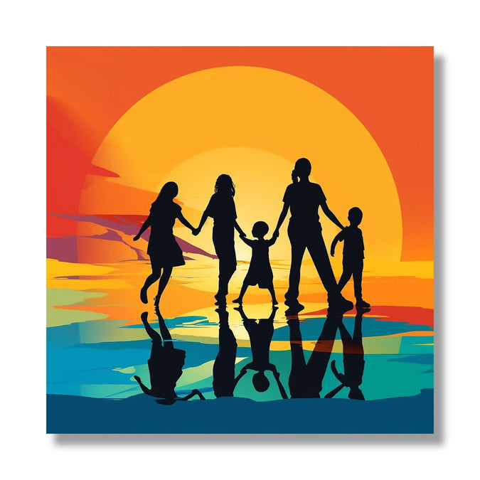 Family of 5 shadow walking through sunset background 