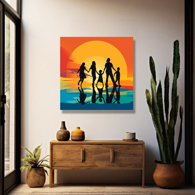 Family of 5 shadow walking through sunset background Room 1