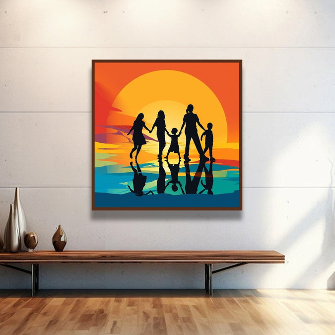 Family of 5 shadow walking through sunset background Room 2