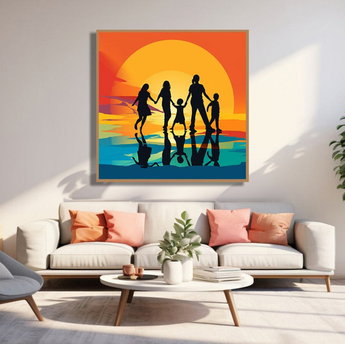 Family of 5 shadow walking through sunset background Room 3