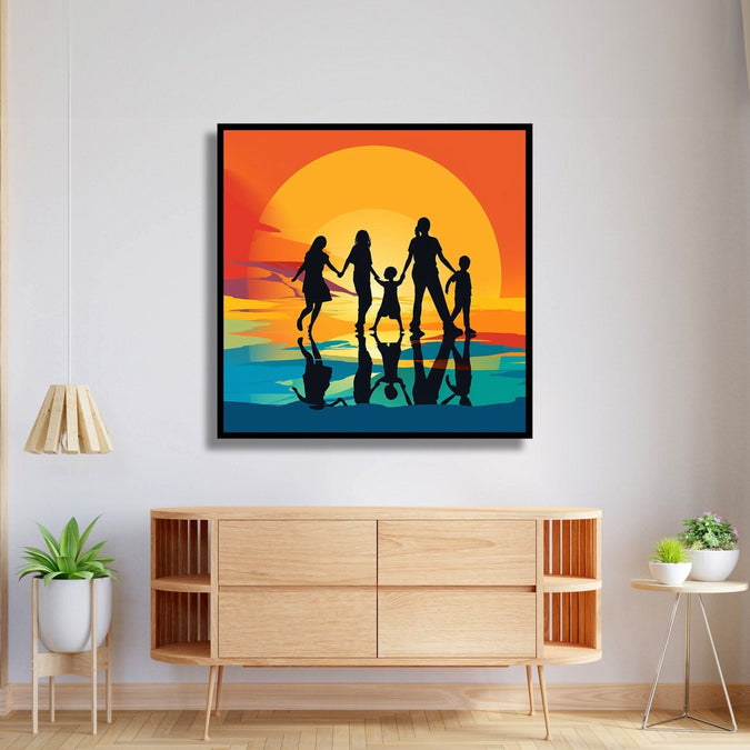 Family of 5 shadow walking through sunset background Room 4