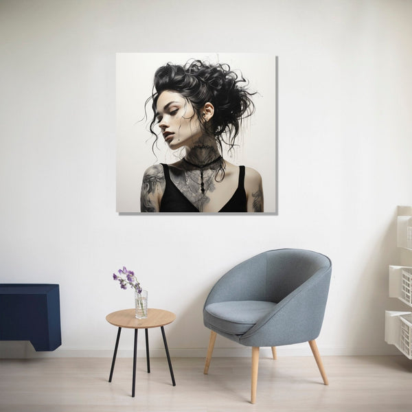 Front view of a girl with tattoo on neck an done shoulder, hair tied up and face side wise, white background