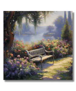 Garden bench, trees, flower bushes and water 